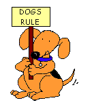 cartoon dog carrying "Dogs Rule" sign